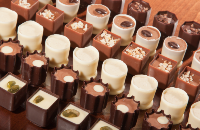 Rows of artisan chocolate truffles